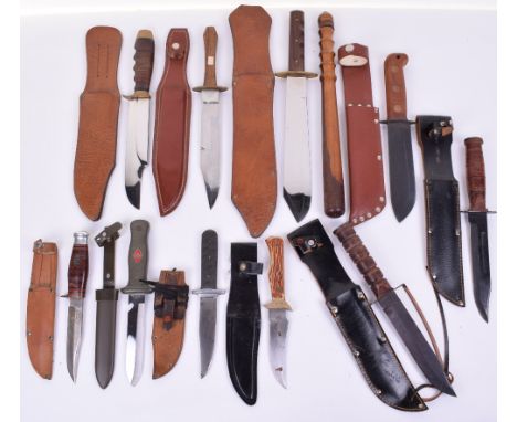 Selection of Modern Hunting Knives, including large example with two piece slate wood effects grips, housed in leather sheath