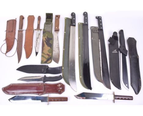 Selection of Modern Hunting and Combat Knives, including Military issue machetes complete with their scabbards, large bowie s