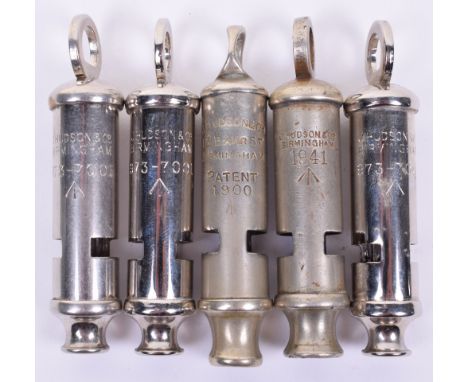 5x Military Pattern Whistles, consisting of a Boer War 1900 dated J Hudson 13 Barr St, Birmingham with War Department arrow s