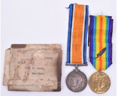 WW1 Medal Pair Lancashire Fusiliers / Labour Corps, consisting of British War and Allied Victory medals awarded to “32214 PTE