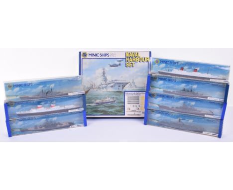 Eight Minic Ships by Hornby Diecast Models at 1:1200 Scale, including Naval Harbour Set, Famous liners RMS Queen Elizabeth, S