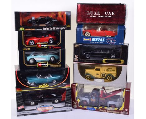 Collection of American 1:18 and 1:24 Scale Die-Cast Models, including Road Legends Ford F-100 Wrecker, Solido Cadillac Eldora