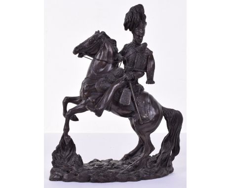 Modern Statue of a British Hussar in Full Dress on Horseback, signed to reverse, made from a resin of bronze effect, good qua