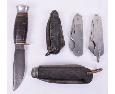 Two British World War Two Military Issue Jack Knives, with chequered grips one large and one small type, accompanied by two s