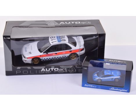 Two AutoArt Police Division Models, Lamborghini Gallardo Police Car 1:43 Scale, Subaru Impreza Police 1:18 Scale. Both models