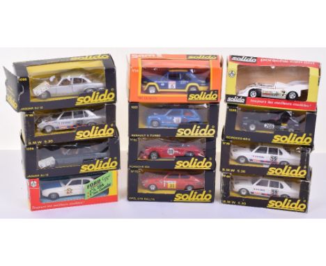 Twelve Solido 1:43 Scale Models, Porsche can am 18, Opel GTE Rallye no.70, Ford Capri 190, two Jaguar XJ 12 no.1096, three BM