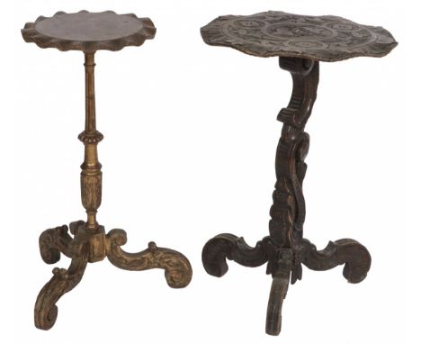 One resting on a baluster, the other on a single column with carved rocailles. Both standing on a tripod of volutes. Estimate