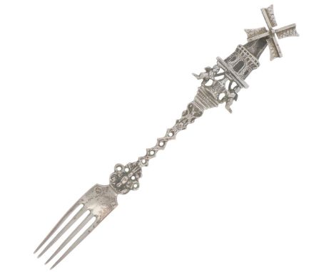 Cast model with braided handle and stylized windmill supported by putti. Netherlands, 1894, hallmarks: Leeuw, Minerva, unclea