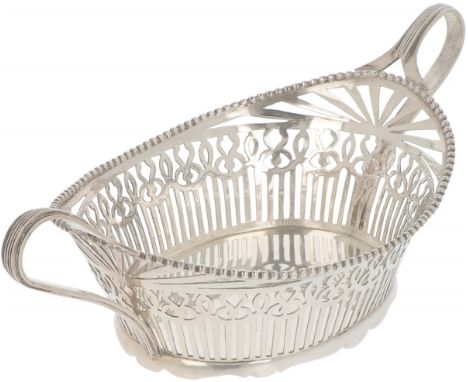Oval model with openwork sides, soldered pearl rim and handles with fillet edges. The Netherlands, Voorschoten, J.M. van Kemp