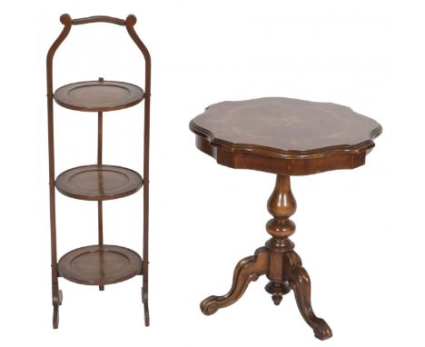 The table with marquetry top, a.o. walnut, above a nutwood baluster shaped column on a tripod. The cake stand mahogany and wi