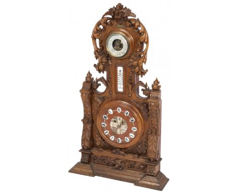 With richly carved wooden crest, a barometer, a thermometer and a dial with cartouches and Roman numerals. L: 16cm, W: 44 cm,