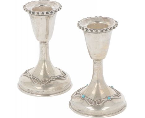 Adorned with filigree soldered decorations, set with turquoise colored glass spheres. Israel, early 20th century, hallmarks: 