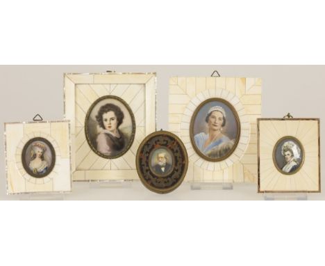 Amongst which four with bone veneered frames (two with mother-of-pearl decorative band), including an oval gentleman's portra