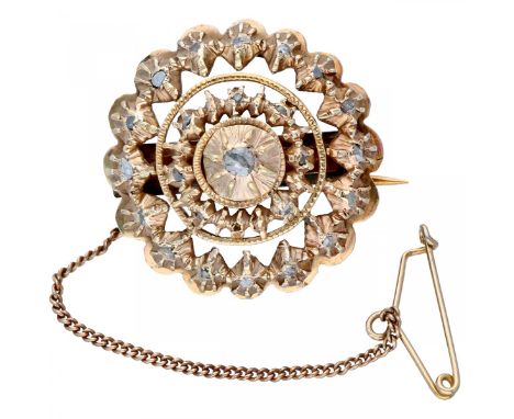 With safety chain, pin on chain is metal. 25 Rose cut diamonds (1x Ø approx. 3 mm and 24x Ø approx. 1 mm). 1 Small diamond is