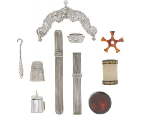 Consisting of various objects including 2 needle cases, purse bracket, thimble and a measuring tape. United Kingdom / Netherl