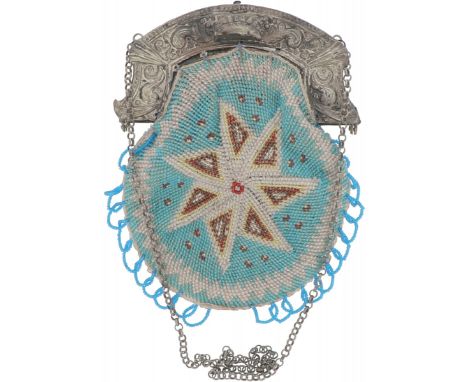 Pouch decorated with glass beads and bracket with epousse rocailles. Netherlands, 1854, hallmarks: Leeuw, Minerva, maker's ma