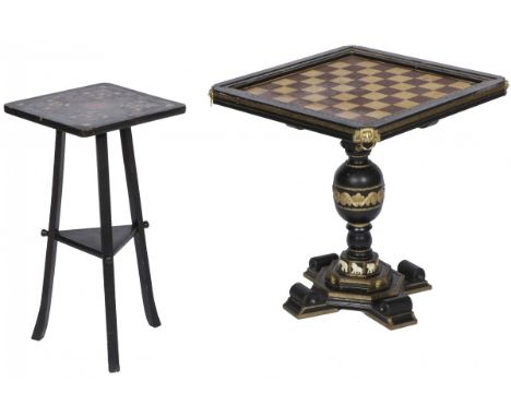 The chess table with brass fittings and standing on a baluster leg with bone ornaments. The side table with Art Nouveau paint