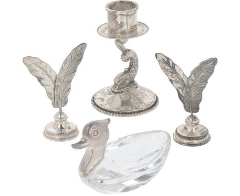 Consisting of a candlestick, 2 menu holders and a salt cellar. 20th century, hallmarks: Various hallmarks - signs of wear. 14
