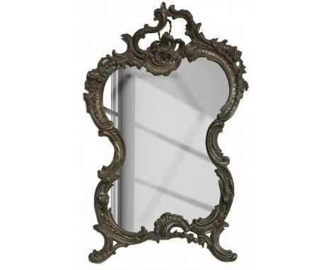 The mirror frame crowned with a rocaille crest, the faceted mirror glass is asymmetrical and surrounded by rocailles. The bac