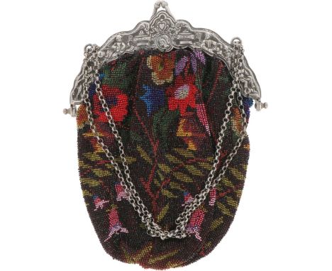 Cast bracket with embossed oriental figures, original chain and pouch decorated with glass beads. Netherlands, Haarlem, Jacqu