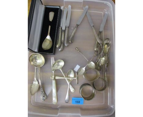 Silver to include a set of six teaspoons and matching tongs, Birmingham 1919 A/F, a sauce ladle, two preserve spoons, a pushe