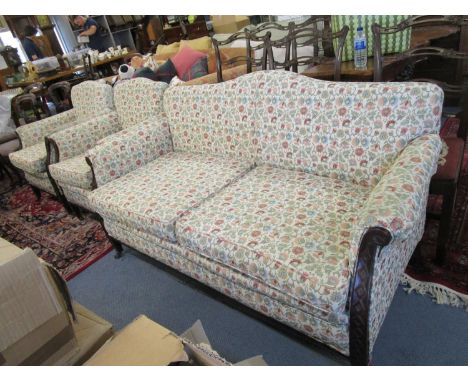 Late Victorian / Edwardian mahogany upholstered sofa and two matching chairs with carved decoration on square tapering legs a