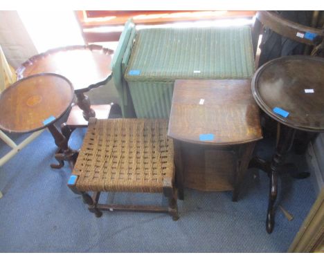 A quantity of vintage small furniture items to include an oak stick stand and a Lloyd Loom green lusty laundry basket 