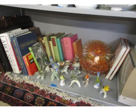 A quantity of Goebel models of birds, two attache cases, mixed books to include Andy Capp and a signed Angela Buxton tennis b