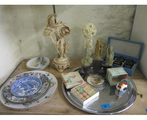 A quantity of oriental artefacts to include three soapstone immortal figures, an oriental lamp and a composition puzzle-ball 