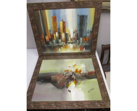 Two oil paintings, one by Richardson of a skyline and the other by Wilkinson of an abstract 