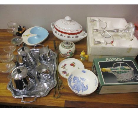 A mixed lot of ceramics, glassware and silver plate to include a Christmas tureen, a Beswick Baby Charm ashtray, a candelabra
