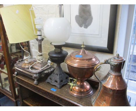 Two silver plated table lamps, a Victorian oil lamp with milk glass shade, a copper coffee urn and a Turkish copper coffee po
