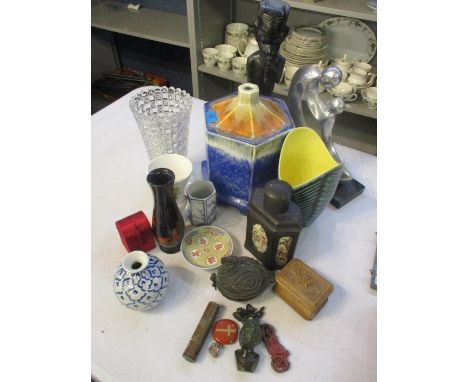 A mixed lot to include a Ruskin pottery lamp base, a Beswick vase signed Colin Melbourne, a trench art lighter and other item