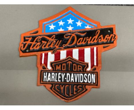 Cast metal Harley Davidson USA flag plaque