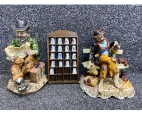 Two Large capodimonte figures of a homeless man together with 18 vintage ceramic thimbles - floral &amp; commemorative style,