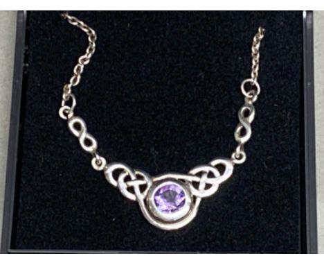 Silver 925 chain and Celtic style pendant comprising of a amethyst stone to the centre, 5.4g gross
