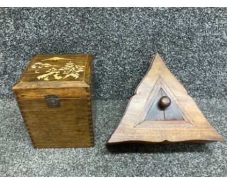 A Japanese wooden tea caddy and a wooden triform box with lid