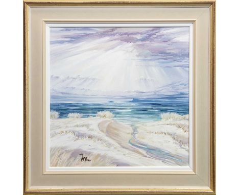 * TOM BARRON (SCOTTISH),SUMMER LIGHTS OVER EIGG IIoil on canvas, signed, titled versoimage size 60cm x 60cm, overall size 81c