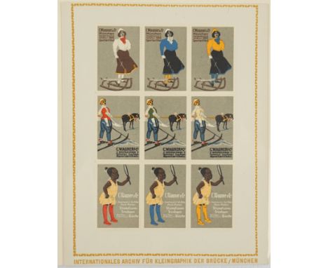 3 Bögen mit Werbe- / Reklamemarken, Internationales Archiv für Kleingrafik der Brücke / München Bogen mit 8 Marken, Internati