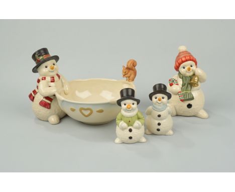 4 Schneemann-Figuren, Goebel Salz- und Pfefferstreuer "Winterfreunde", H. jeweils 7,5cm; Schneemann-Schale mit Eichhörnchen "