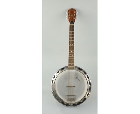 Banjo, Framus, 6 Saiten-Modell, 1960er/1970er Jahre  rückseitige Nr. 44077-65 K, Rückseite aus geflammtem Ahornfurnier, leich