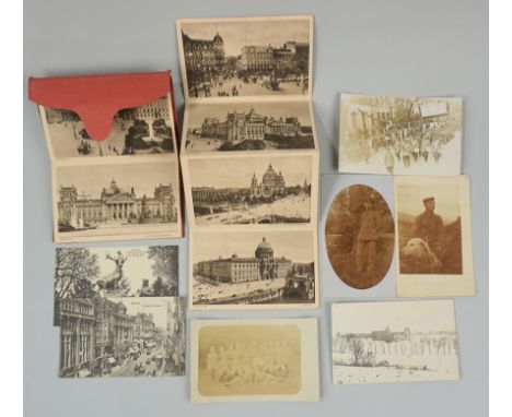 5 Soldatenfotos/ Ansichtskarten, WK I, dazu Leporello mit 19 von 20 Ansichtskarten Berlin  Fotos/AK: 1x rückseitig beschrifte