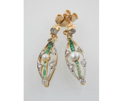 Pair of Art Deco 14ct yellow gold and platinum drop earings, set diamonds, emeralds and pearls