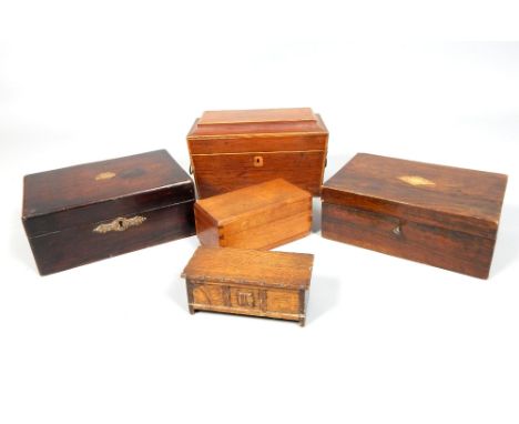 Regency sarcophagus tea caddy, Victorian rosewood jewellery box, walnut writing slope and two others