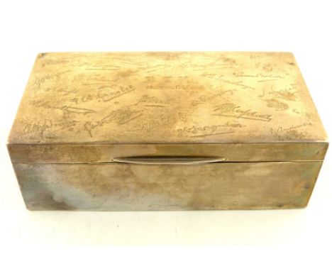 Art Deco silver cigarette box, engraved signatures to top, hallmarks indistinct, 16.5cm w 