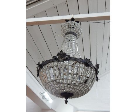 Aged metal and glass bag-shape ceiling light, inset rectangular and octagonal glass beads, 75cm h