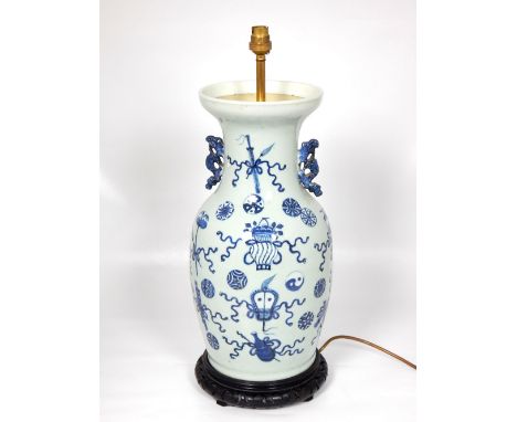 Chinese pale celadon glazed porcelain vase, decorated in blue and white with Buddhist symbols, now wired for use as a table l