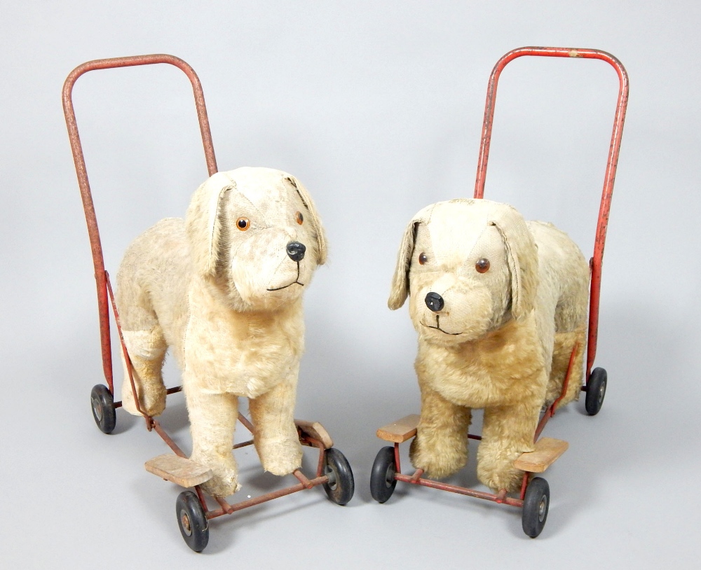 1950s Lines Bros of Ireland toy push along dogs on wheels with foot