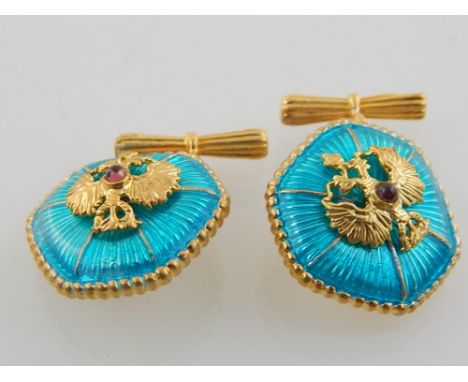 Pair of Russian silver gilt and green enamel cufflink's decorated with double headed eagle crest