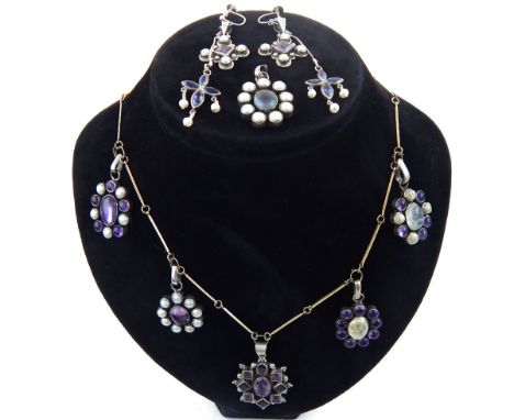 Contemporary silver and pearl amethyst and moonstone jewellery group of necklace, pendant and earrings (3)